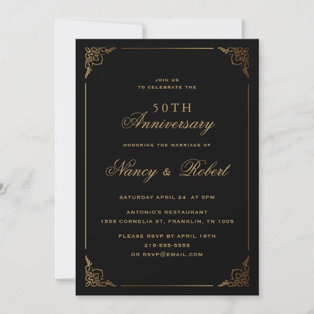 Gold Frame Ornate Black 50th Wedding Anniversary Invitation (Front)