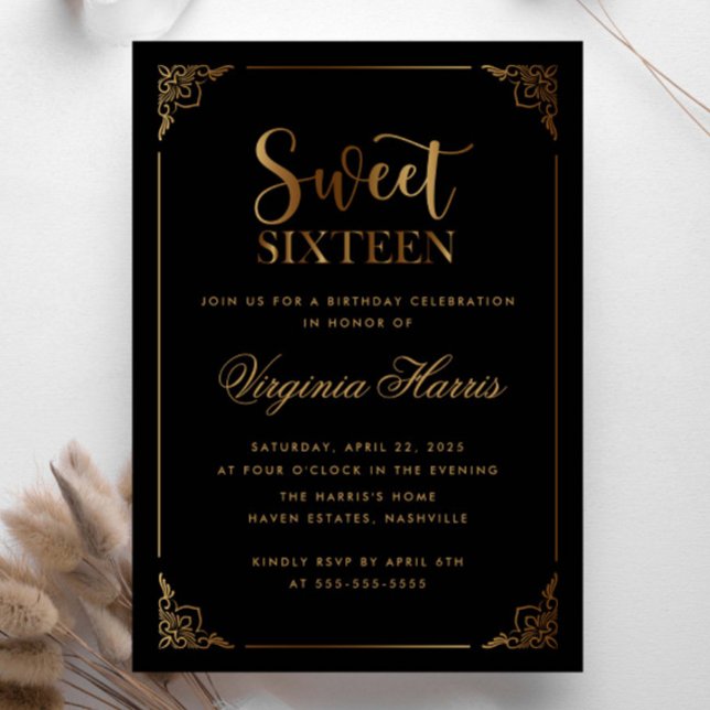 Gold Frame Ornate Black Sweet Sixteen 16 Birthday Invitation (Creator Uploaded)