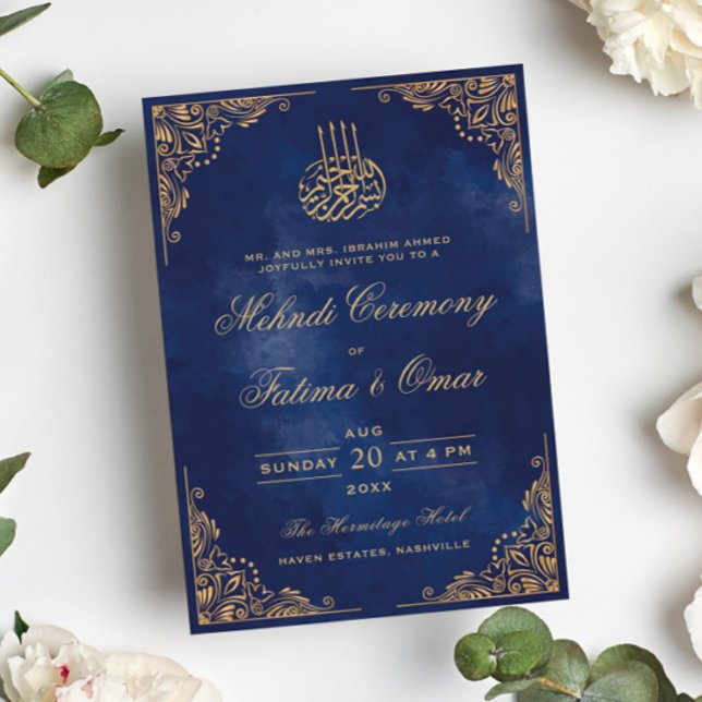 Gold Frame Ornate Blue Islamic Mehndi Ceremony Invitation (Creator Uploaded)