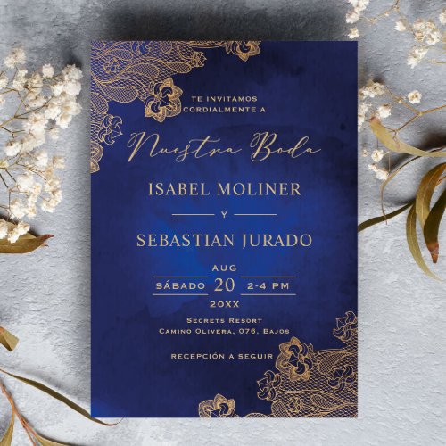 Gold Frame Ornate Blue Nuestra Boda Spanish Invitation