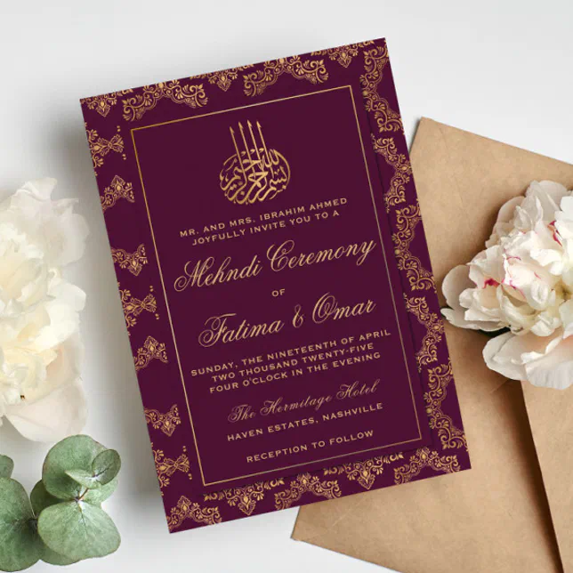 Gold Frame Ornate Burgundy Islamic Mehndi Ceremony Invitation Zazzle gold-frame-ornate-burgundy-islamic-mehndi-ceremony-invitation-zazzle