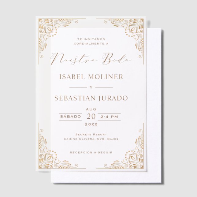 Gold Frame Ornate Nuestra Boda Spanish Wedding Vellum Invitations (Offset)