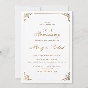Gold Frame Ornate White 50th Wedding Anniversary Invitation
