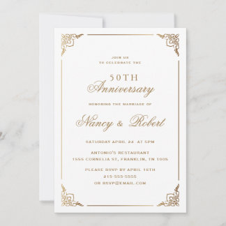 Gold Frame Ornate White 50th Wedding Anniversary Invitation