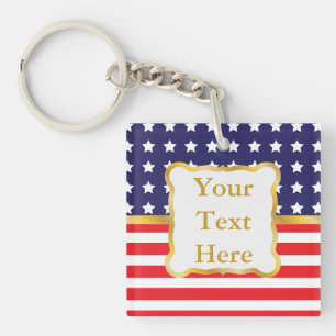 Gold Frame Over Patriotic Background Keychain