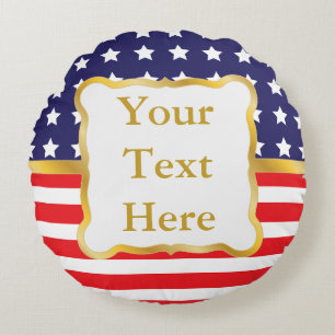 Gold Frame Over Patriotic Background Round Pillow