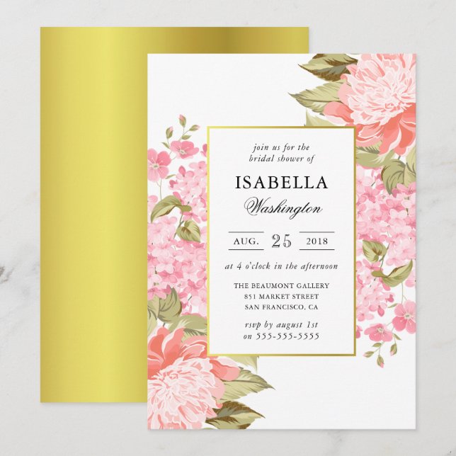 Gold Frame Peonies and Hydrangeas Bridal Shower Invitation (Front/Back)