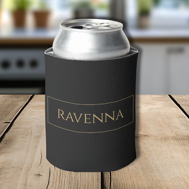 Gold Frame Personalized Name Deep Black Luxury Can Cooler (Creator Uploaded)