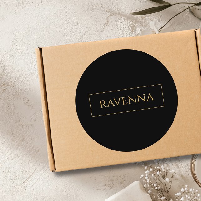 Gold Frame Personalized Name Deep Black Luxury Classic Round Sticker (Creator Uploaded)