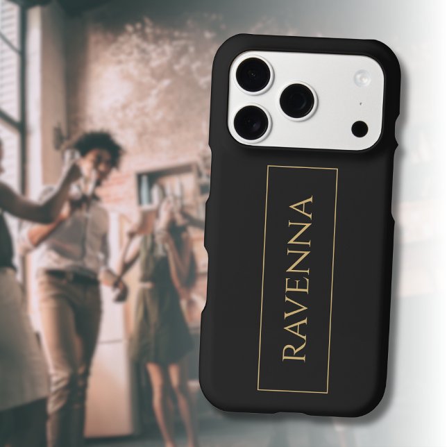 Gold Frame Personalized Name Deep Black Luxury iPhone Case (Creator Uploaded)