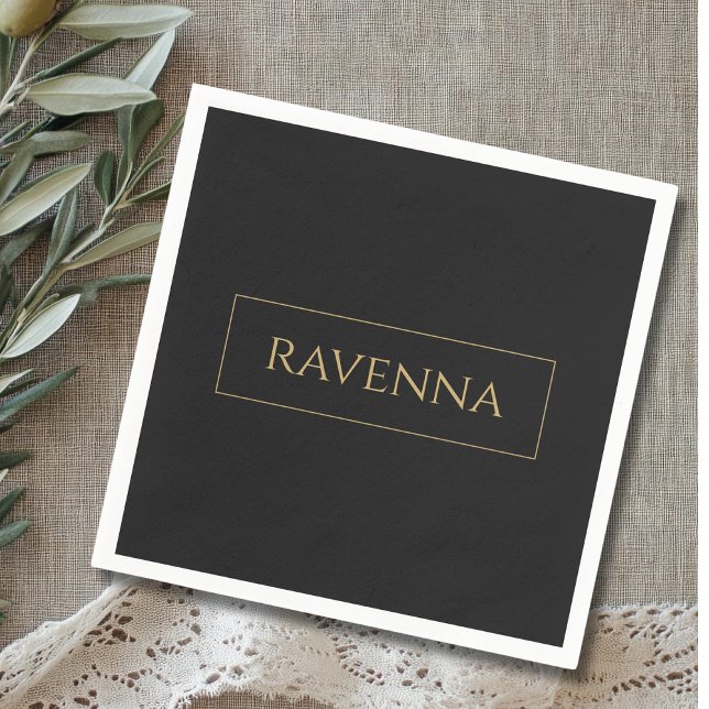 Gold Frame Personalized Name Deep Black Luxury Napkins (Creator Uploaded)