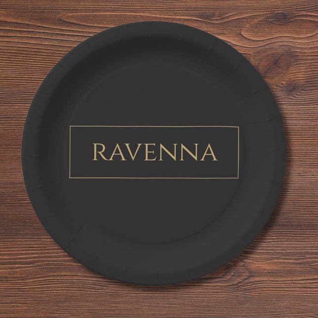 Gold Frame Personalized Name Deep Black Luxury Paper Plates (Creator Uploaded)