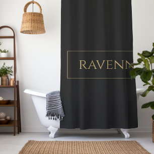 Gold Frame Personalized Name Deep Black Luxury Shower Curtain