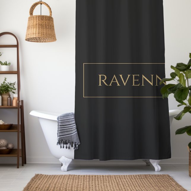 Gold Frame Personalized Name Deep Black Luxury Shower Curtain (Creator Uploaded)