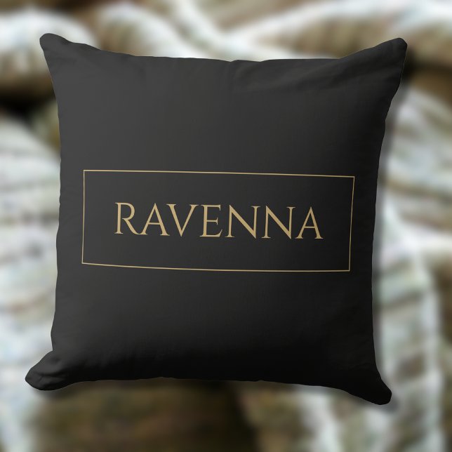 Gold Frame Personalized Name Deep Black Luxury Throw Pillow (Creator Uploaded)