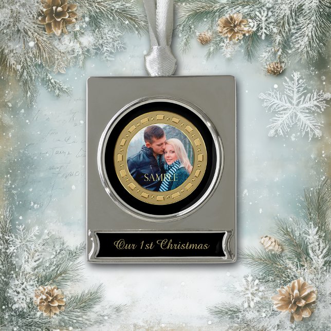 Gold Frame Photo First Christmas Keepsake Silver Plated Banner Ornament (Creator Uploaded)