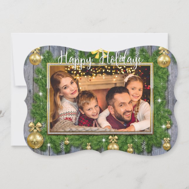 Gold Frame Pine Boughs Fancy Trim Christmas Photo Holiday Card (Front)