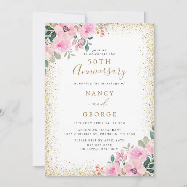 Gold Frame Pink Floral 50th Wedding Anniversary Invitation | Zazzle
