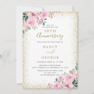 Gold Frame Pink Floral 50th Wedding Anniversary Invitation