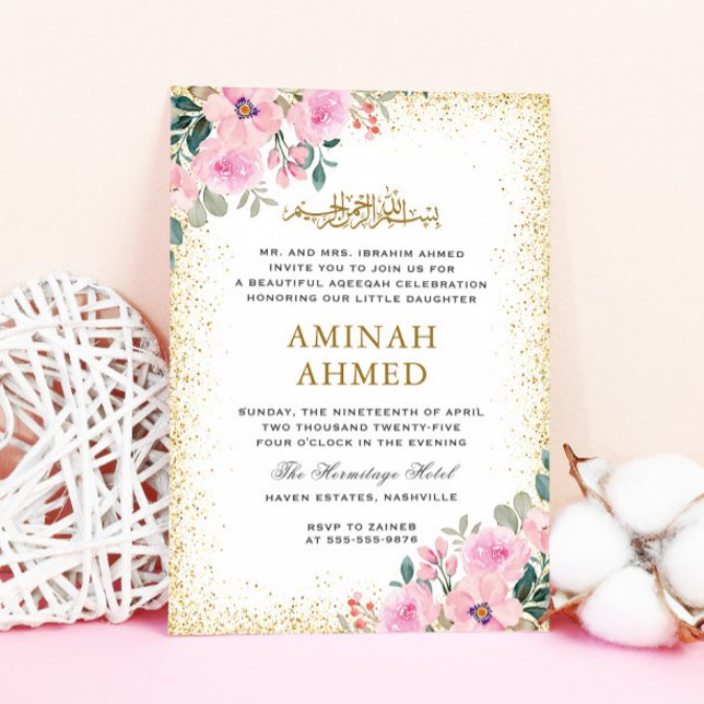 Gold Frame Pink Floral Islamic Aqiqa Aqeeqa Baby Invitation (Creator Uploaded)