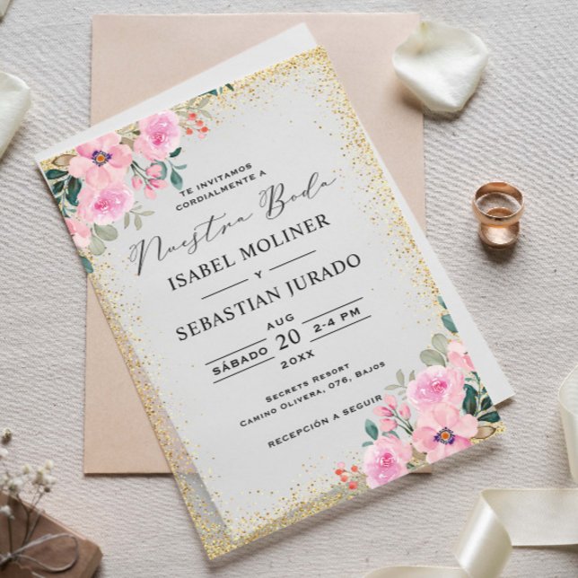 Gold Frame Pink Floral Nuestra Boda Spanish Vellum Invitations (Creator Uploaded)
