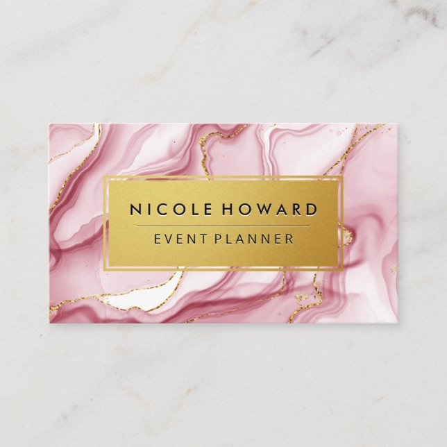Gold Frame | Pink Marble Background Business Card (Front)