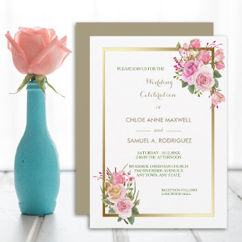 Gold Frame Pink Rose Wedding Invitation by Westerngirl2 at Zazzle