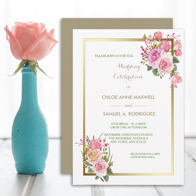 Gold Frame Pink Rose Wedding Invitation (Creator Uploaded)