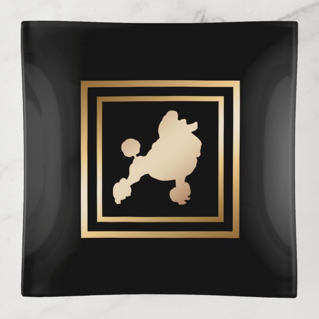 Gold Frame Poodle on Black Trinket Tray (Front)