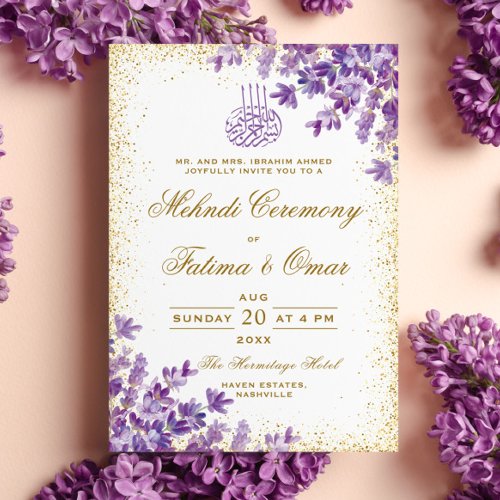 Gold Frame Purple Lavender Islamic Mehndi Ceremony Invitation