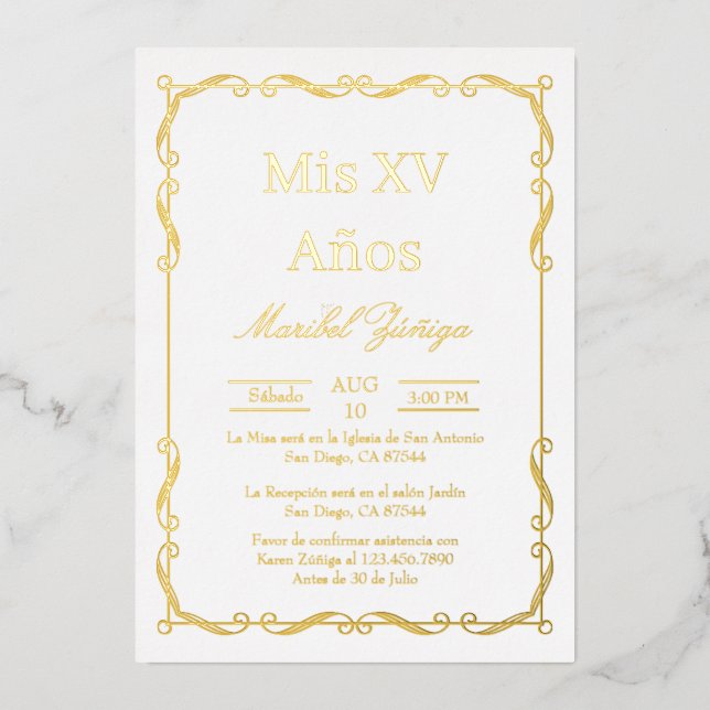 Gold frame Quinceanera invitation Foil Invitation (Front)