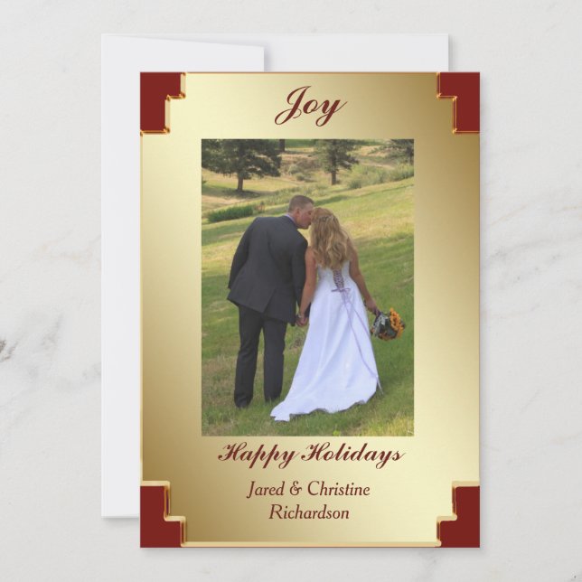 Gold Frame Red Border Christmas Joy Holiday Card (Front)