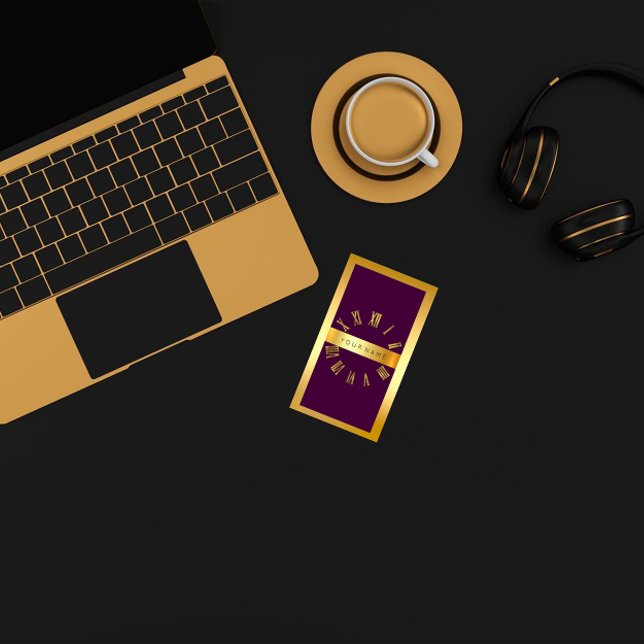 Gold Frame Roman Clock Purple Vertical Business Card (Gold Frame Roman Clock Purple Vertical Business Card)