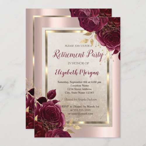 Gold FrameRose Gold Burgundy Roses Retirement  Invitation