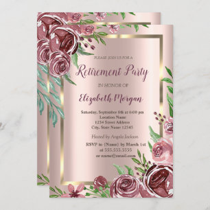 Gold Frame,Rose Gold Burgundy Roses Retirement Invitation