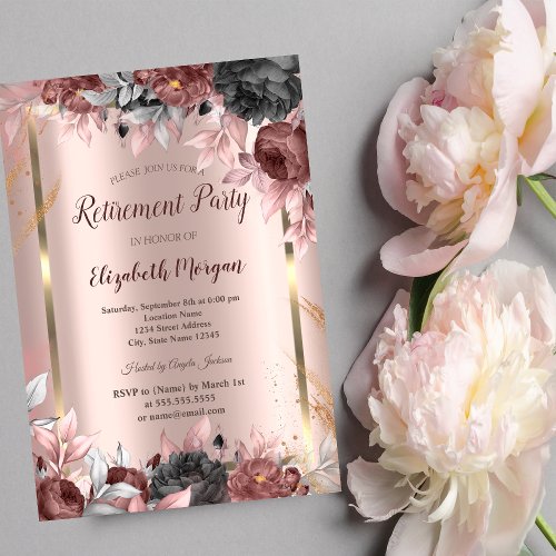 Gold FrameRose Gold Chic Flowers  Retirement  Invitation