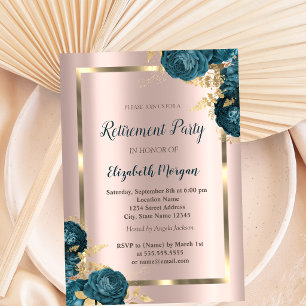 Gold Frame,Rose Gold Green Flowers Retirement Invitation