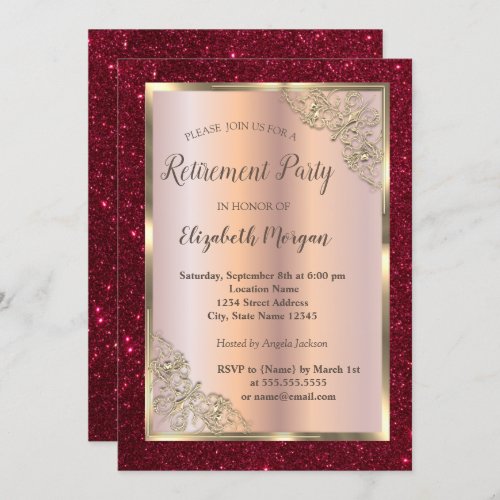  Gold FrameRose GoldRed Glitter Retirement  Invitation