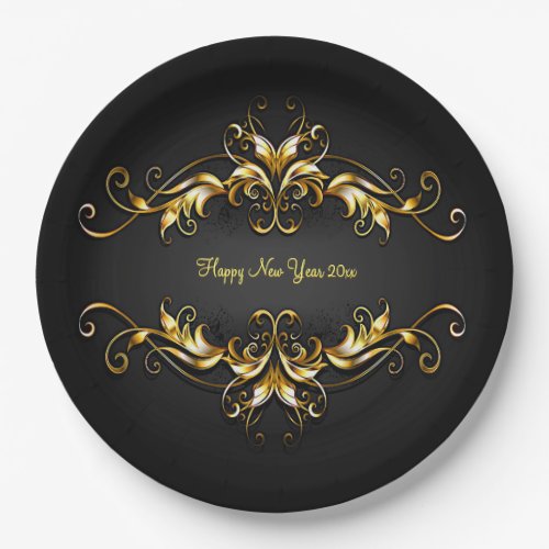 Gold Frame Scroll Happy New Year 20xx Text 9 Paper Plates