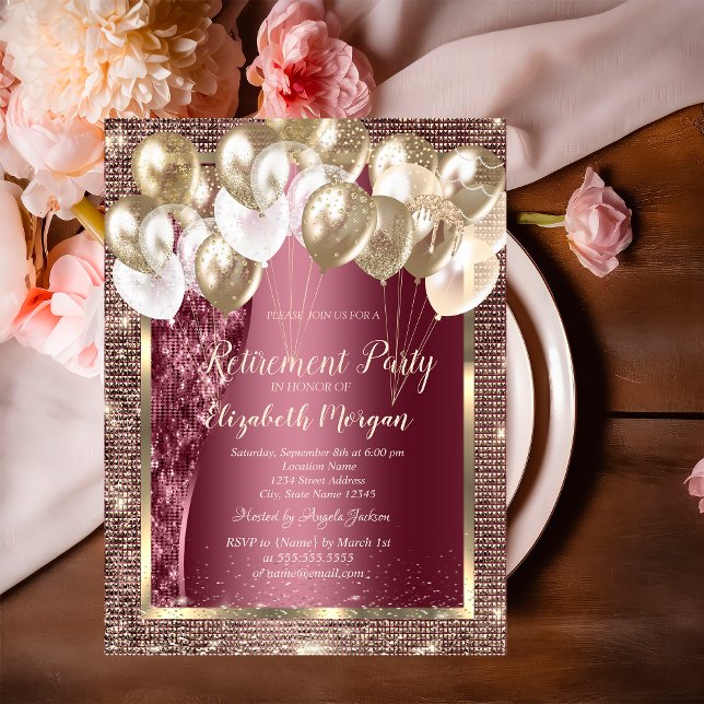 Gold Frame Sequins Balloons Burgundy Retirement  Invitation (Creator Uploaded)