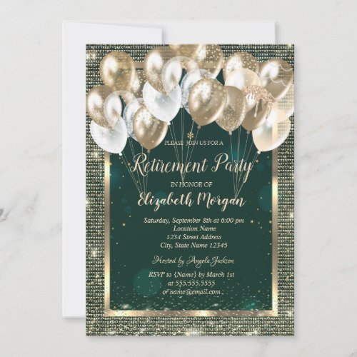 Gold Frame Sequins Balloons Green Retirement  Invitation