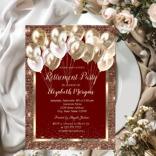 Gold Frame Sequins Balloons Red Retirement Invitation