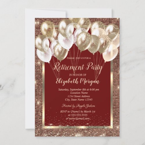 Gold Frame Sequins Balloons Red Retirement  Invitation