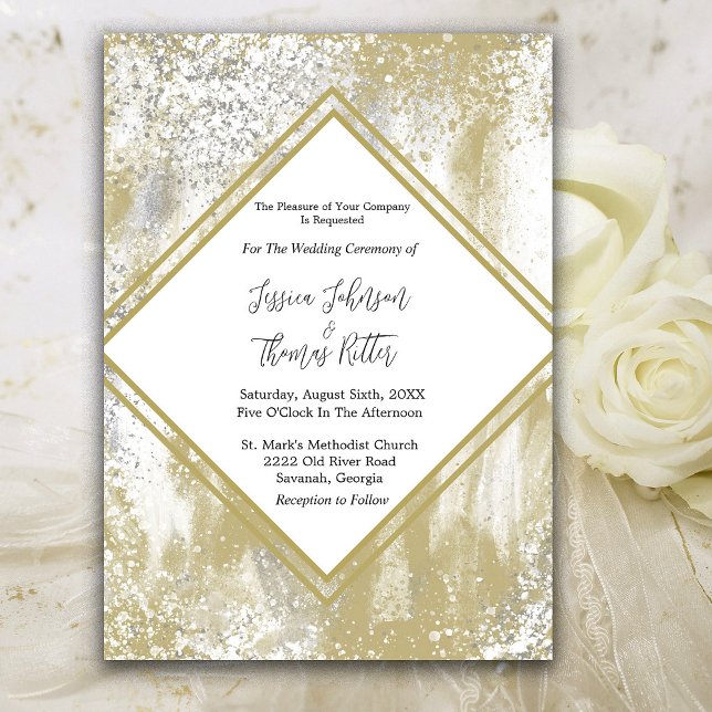 Gold Frame Silver &Gold Splatters Abstract Wedding Invitation (Creator Uploaded)
