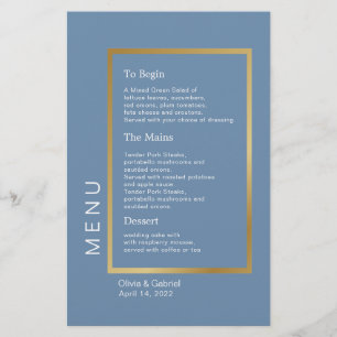 Gold Frame. Simple formal dusty blue wedding menu