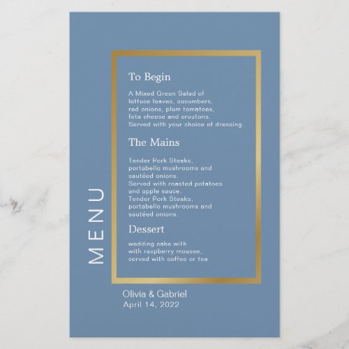 Gold Frame Simple formal dusty blue wedding menu