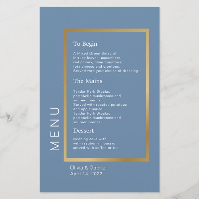 Gold Frame. Simple formal dusty blue wedding menu (Front)