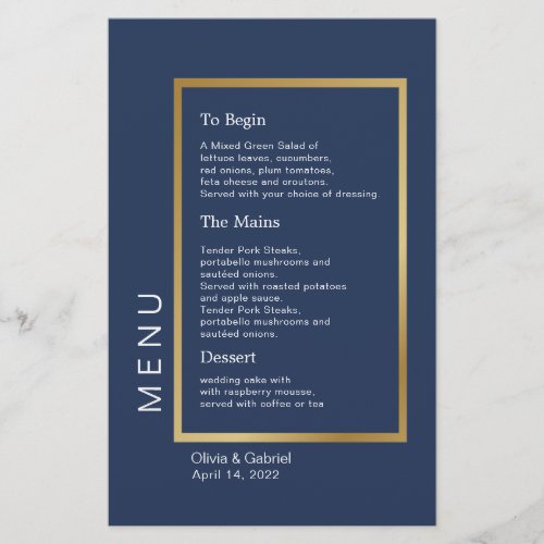 Gold Frame Simple formal navy blue wedding menu