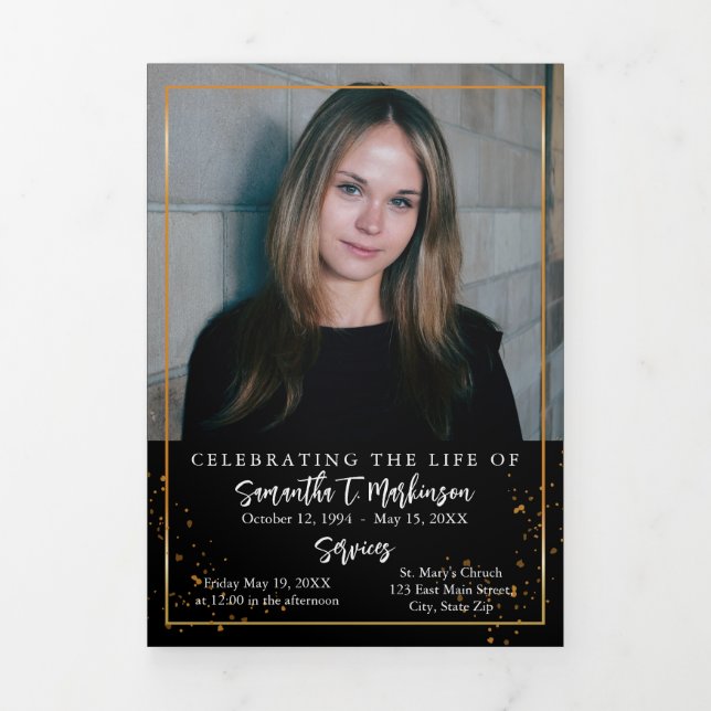 Gold Frame Simple Modern Speckled Funeral Tri-Fold Program (Cover)