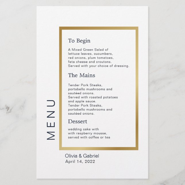 Gold Frame. Simple Typography classic wedding menu (Front)